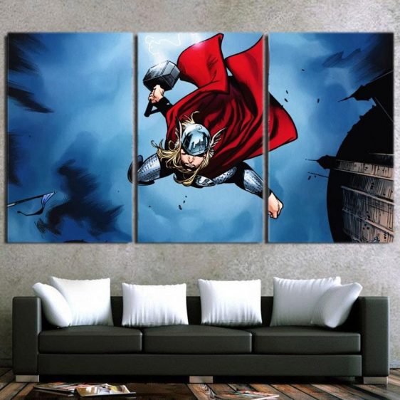 Thor Cartoon Flying Holding Hammer On Fight 3pcs Canvas Horizontal ...