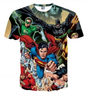 Justice League Superheroes Team Cool Art Full Print T-Shirt - Superheroes Gears