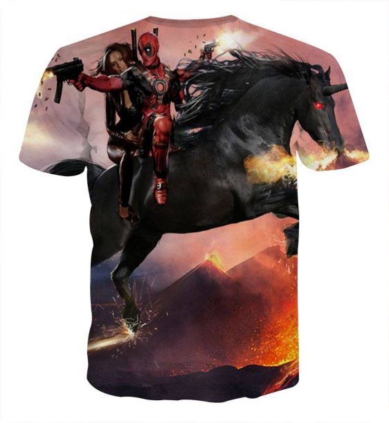 Deadpool And His Girlfriend Riding Horse Cool Style T-shirt - Superheroes Gears