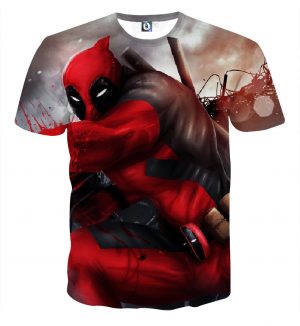 Bloody Deadpool Fighting Battle Painting Design Print T-shirt - Superheroes Gears