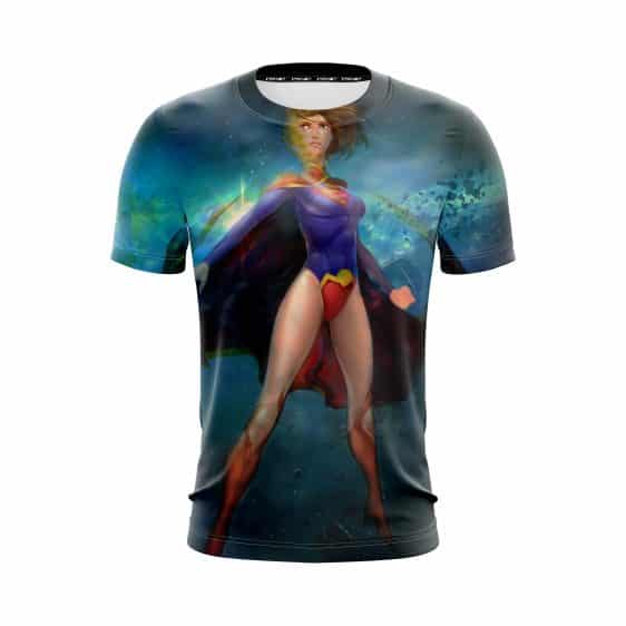 Amazing Animated Supergirl In Blue Galactic Universe T-Shirt