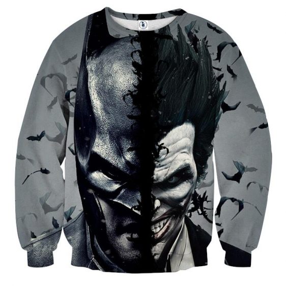 Batman And The Villain In One Face Full Print Gray Sweatshirt - Superheroes Gears