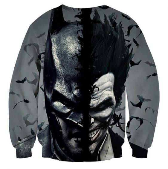 Batman And The Villain In One Face Full Print Gray Sweatshirt - Superheroes Gears