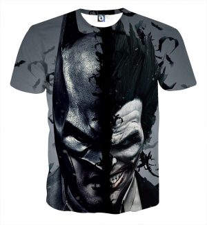 Batman And The Villain In One Face Full Print Gray T-Shirt - Superheroes Gears