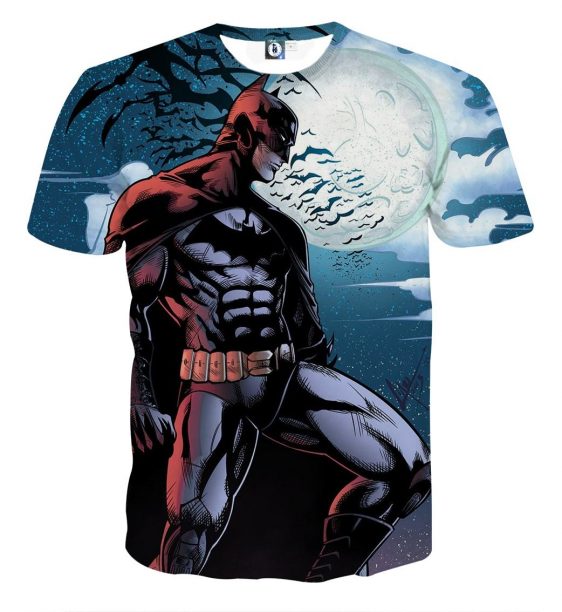Batman Under The Moon With Bats And Night Blue Sea T-Shirt - Superheroes Gears
