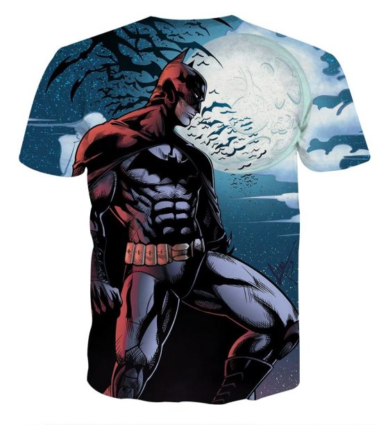 Batman Under The Moon With Bats And Night Blue Sea T-Shirt - Superheroes Gears