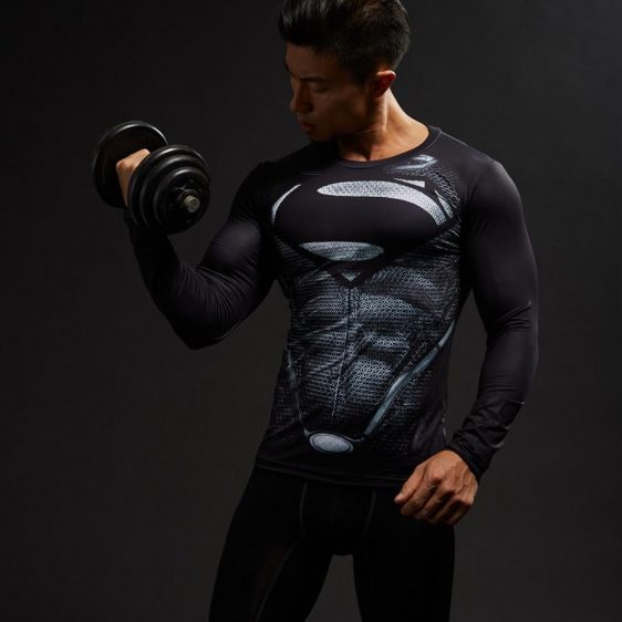 Black Superman Cool 3D Printed Compression Long Sleeves Gym T-shirt - Superheroes Gears