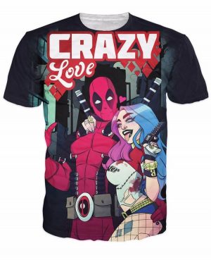 Deadpool Harley Quinn Cartoon Style Crazy Love Hero Theme T-Shirt - Superheroes Gears