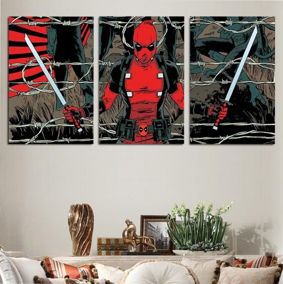 Deadpool In A Barbed Wire Fence 3pcs Wall Art Canvas Print
