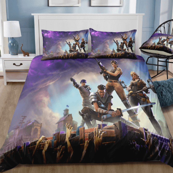 Fortnite Characters Holding Their Weapons Violet Bedding Set