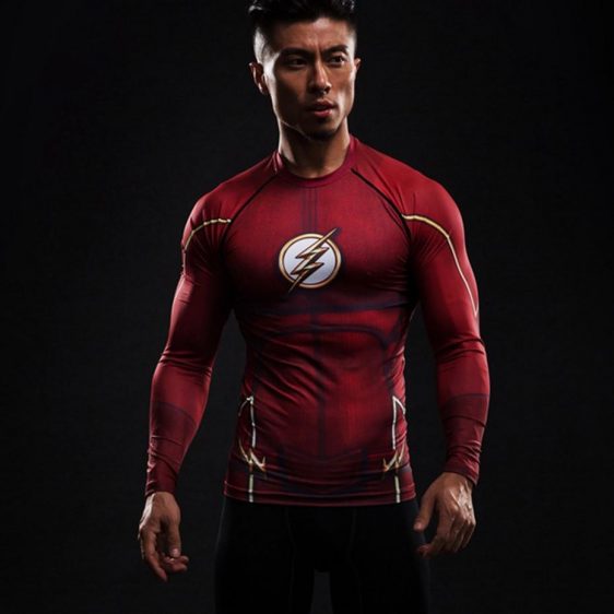 Red DC The Flash 3D Printed Compression Long Sleeves Athletic T-shirt