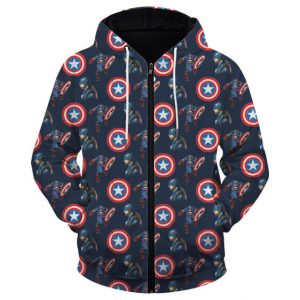 Marvel's Captain America Pattern Electrifying Navy Blue Zip Up Hoodie