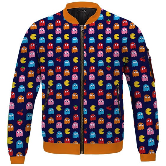 Classic Retro Game Pacman & Ghosts Pattern Bomber Jacket