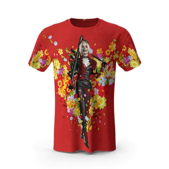 DC Comics Harley Quinn Floral Art Red T-Shirt