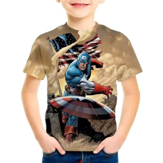 Captain America Throwing Shield Patriotic Flag Kids T-Shirt