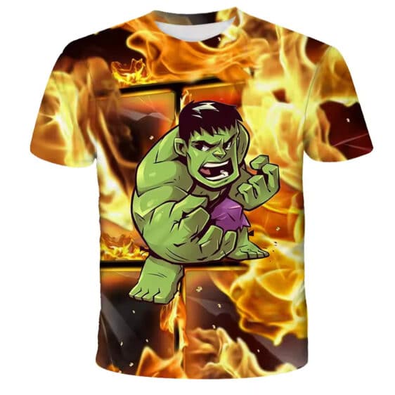 Cartoon Hulk Smash Flames Action Children's T-shirt