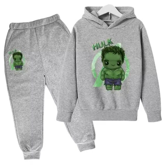 Adorable Hulk Chibi Avengers Logo All-Gray Boys' Hoodie Set