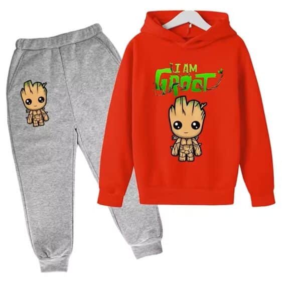 Adorable Marvel Groot Baby Chibi Red Gray Boys' Hoodie Set