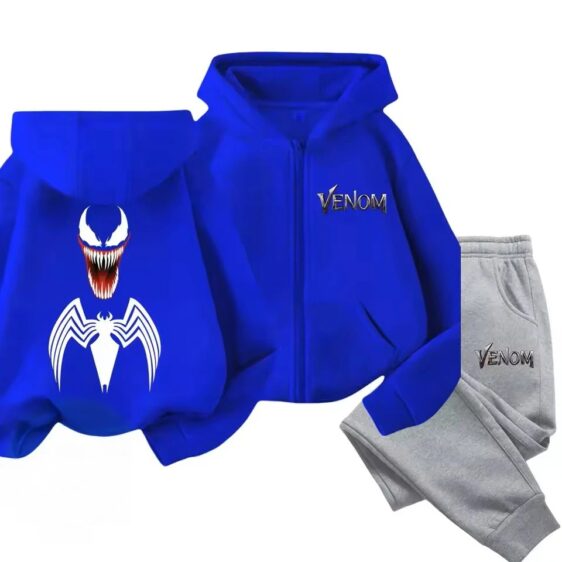 Alien Symbiote Venom Head Name Blue Gray Kids Hoodie Set