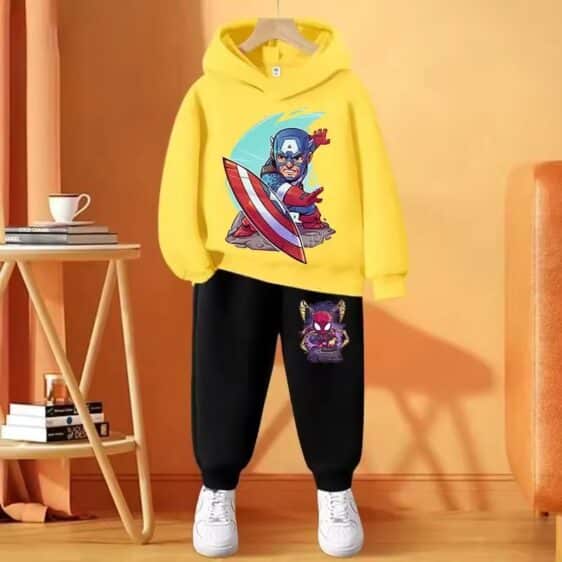 Captain American Spider-Man Yellow Black Hoodie Set for Kids