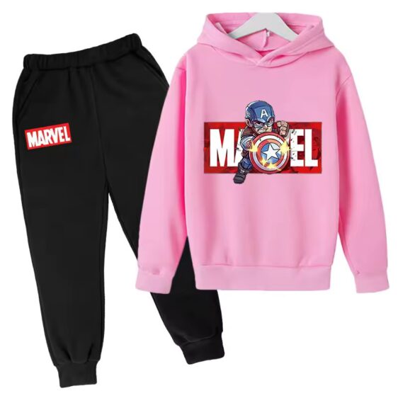 Chibi Captain America Hero Pink Black Hoodie Set for Kids