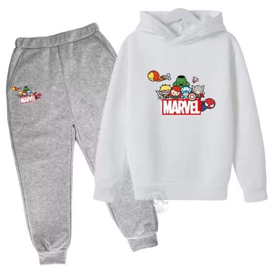 Chibi Cartoon Avengers Marvel White Gray Boys' Hoodie Set