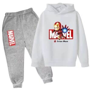 Chibi Iron Man Action Pose White Gray Children's Hoodie Set