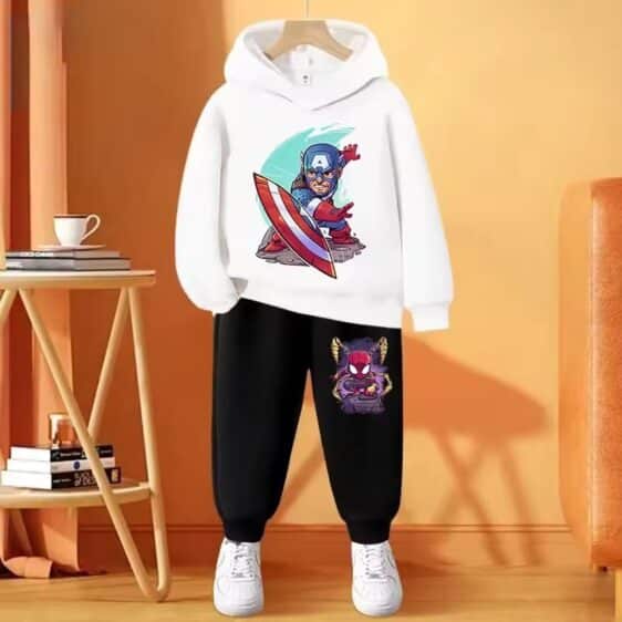 Chibi Spider-Man Captain America White Black Kids Hoodie Set