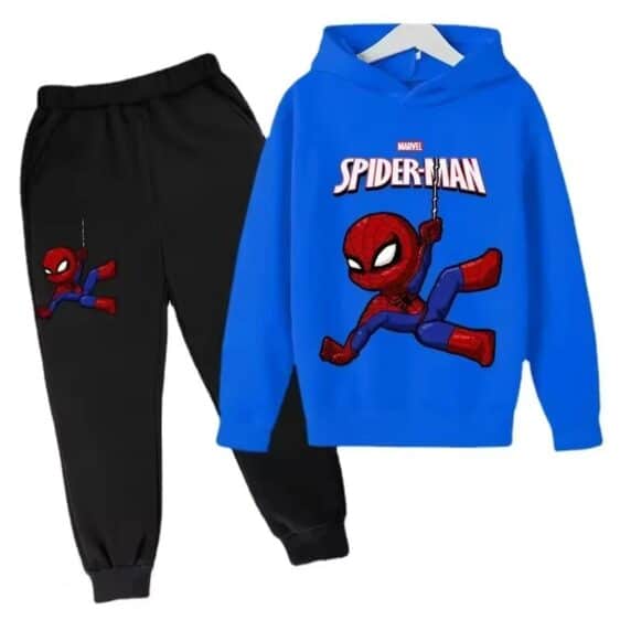 Chibi Spider-Man Web Blue Black Hoodie Set for Children