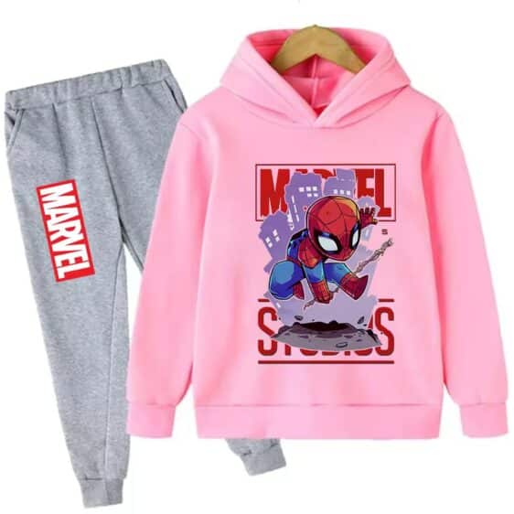 Chibi Spider-Man Web Swing Marvel Pink Gray Kids Hoodie Set