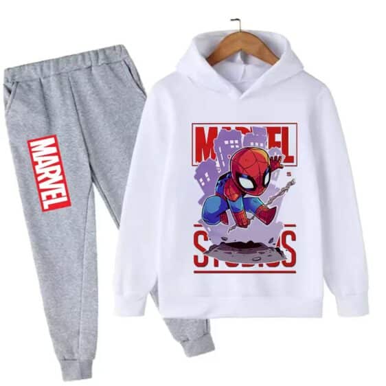 Chibi Spider-Man Web Swing White Gray Hoodie Set for Kids