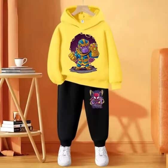 Chibi Thanos Spider-Man Yellow Black Hoodie Set for Children