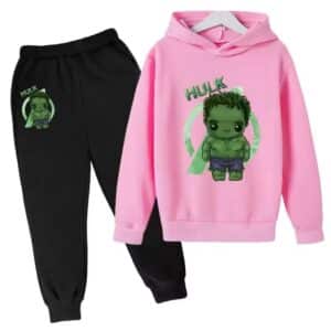 Cute Hulk Avengers Cartoon Logo Pink Black Kids Hoodie Set