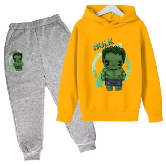 Cute Hulk Avengers Cartoon Yellow Gray Hoodie Set for Boys