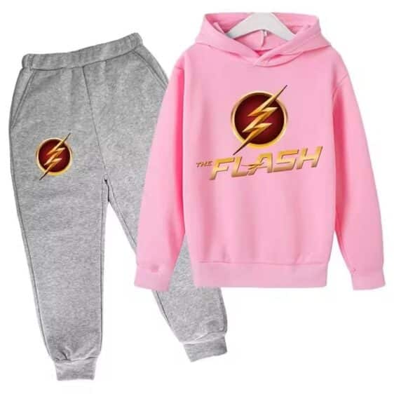 DC Comics The Flash Logo Art Pink Gray Kids Hoodie Set