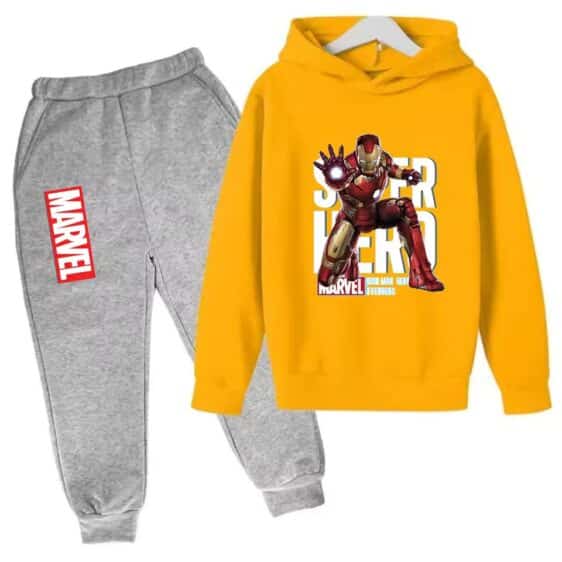 Hero Iron Man Action Pose Yellow Gray Hoodie Set for Childre