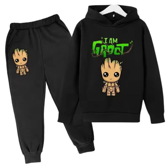 I Am Groot Cute Chibi Art All-Black Children's Hoodie Set