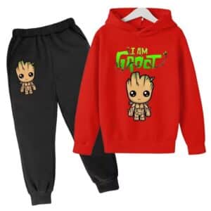 I Am Groot Cute Chibi Art Red Black Hoodie Set for Kids