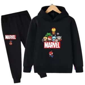 Iconic Marvel Heroes Chibi Art All-Black Hoodie Set for Kids