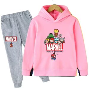 Iconic Marvel Heroes Chibi Pink Gray Hoodie Set for Boys