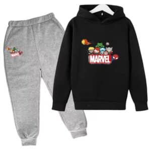 Marvel Avengers Chibi Cartoon Black Gray Hoodie Set for Kids