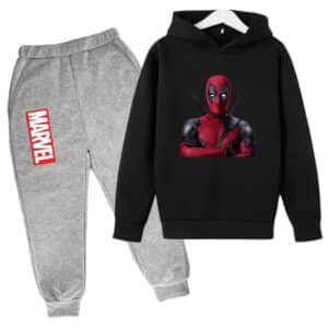 Marvel Deadpool Logo Art Black Gray Hoodie Set for Kids