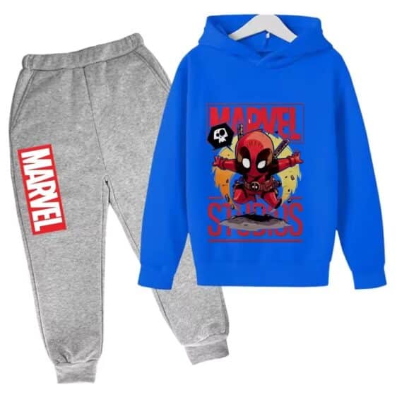 Marvel Deadpool Skull Cartoon Blue Gray Hoodie Set for Boys