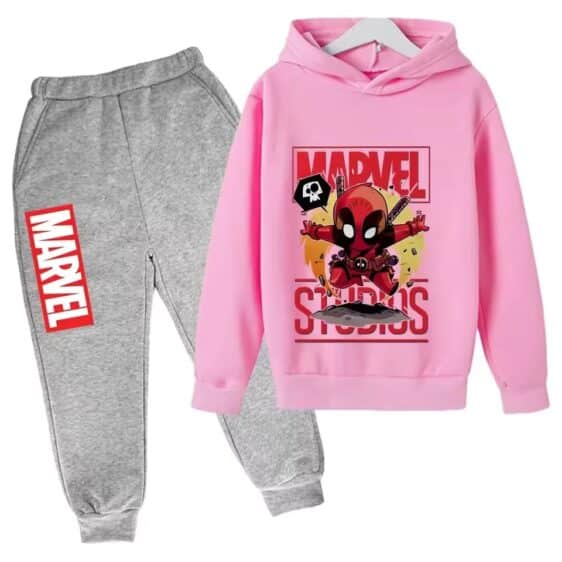 Marvel Deadpool Skull Cartoon Pink Gray Hoodie Set for Kids