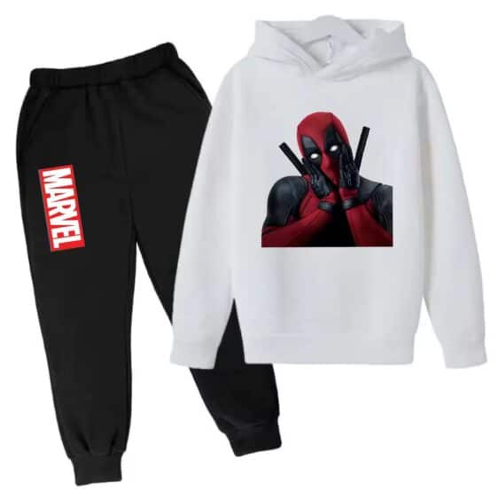 Marvel Funny Deadpool Face White Black Hoodie Set for Kids