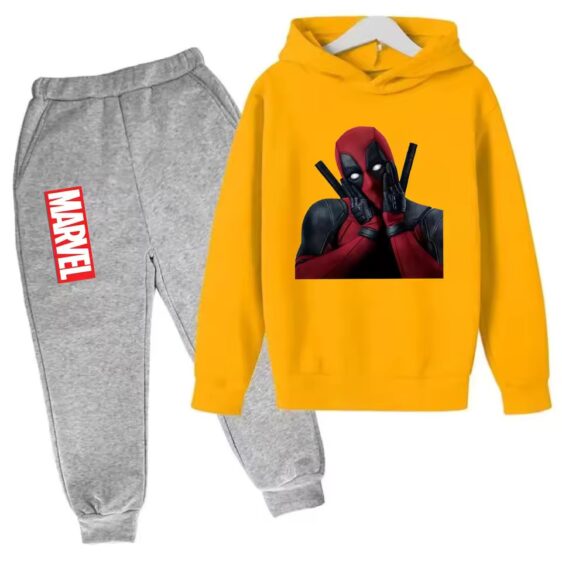 Marvel Hero Deadpool Head Pose Yellow Gray Kids Hoodie Set