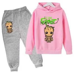 Marvel Hero I Am Groot Chibi Pink Gray Kids Hoodie Set