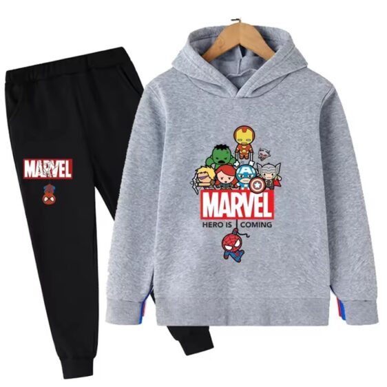 Marvel Hero Is Coming Chibi Art Gray Black Kids Hoodie Set