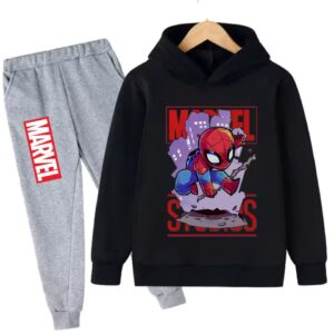 Marvel Hero Spider-Man Cartoon Black Gray Kids Hoodie Set