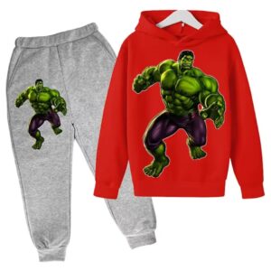 Marvel Hulk Smash Cartoon Red Gray Hoodie Set for Children